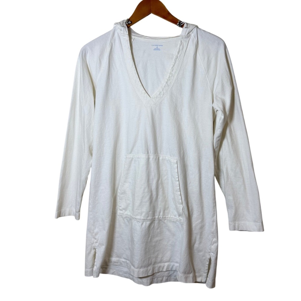 Lands End Women Hoodie Tunic S White Cotton V-Neck Kangaroo Pocket Coastal Core